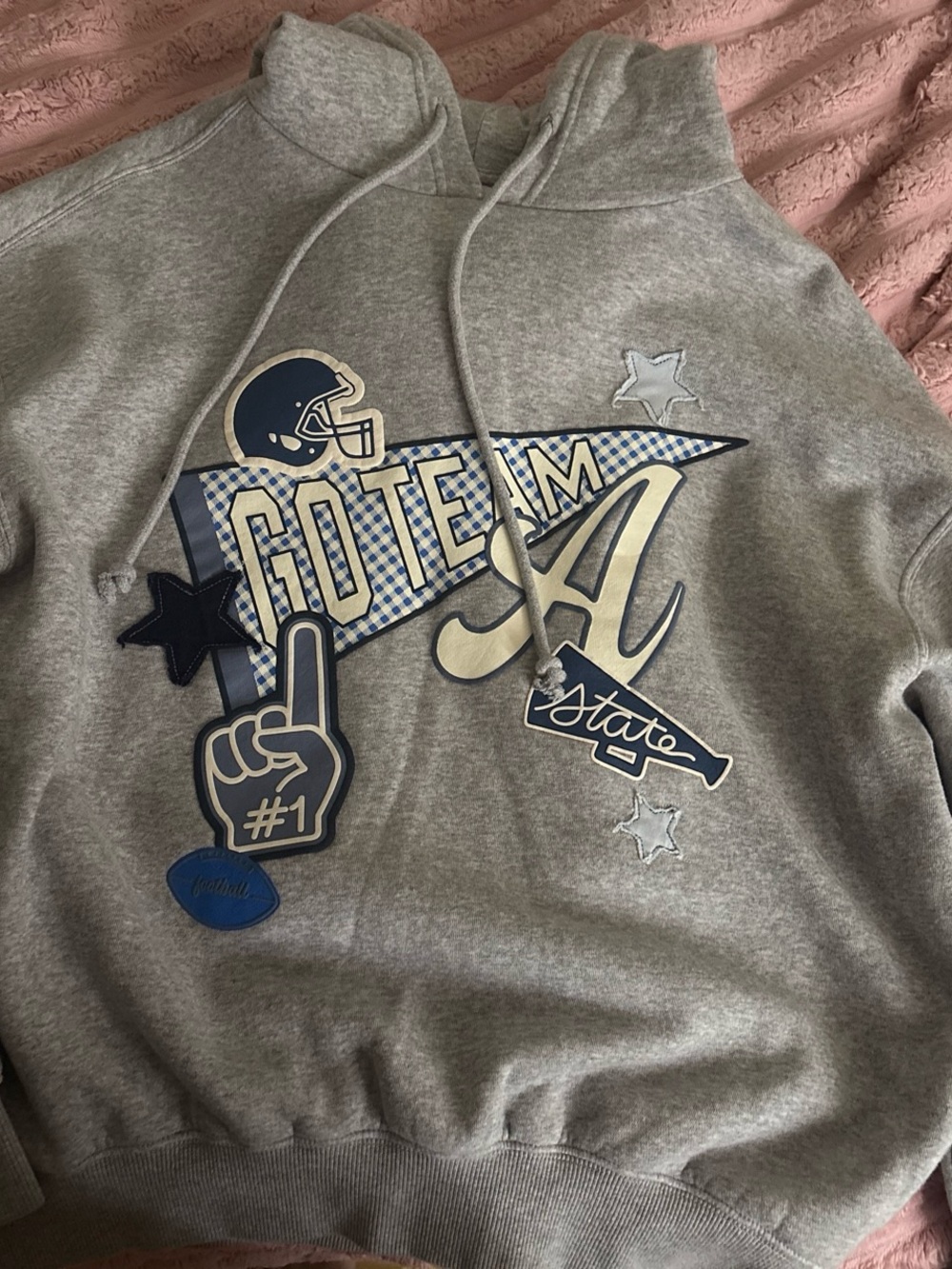 Arizona Jean Company Gray Crewneck Sweatshirt with Blue & Cream Appliqués